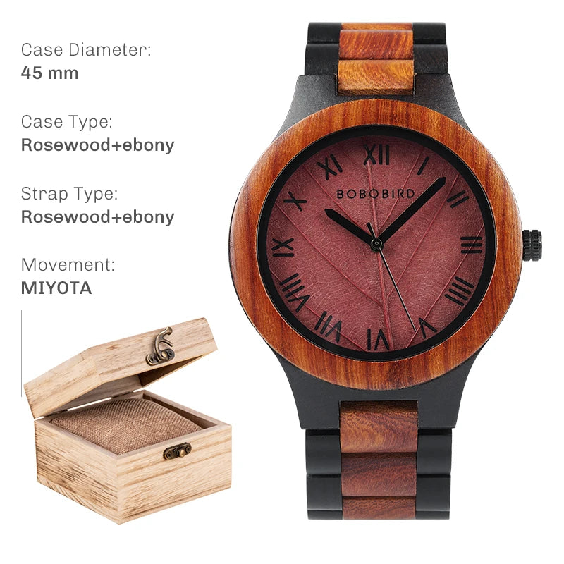 BOBO BIRD Men's Wood Watch with Genuine Leaf, Original Wooden Clock, Customized Watch, Handmade Watch, Anniversary Gift for Man