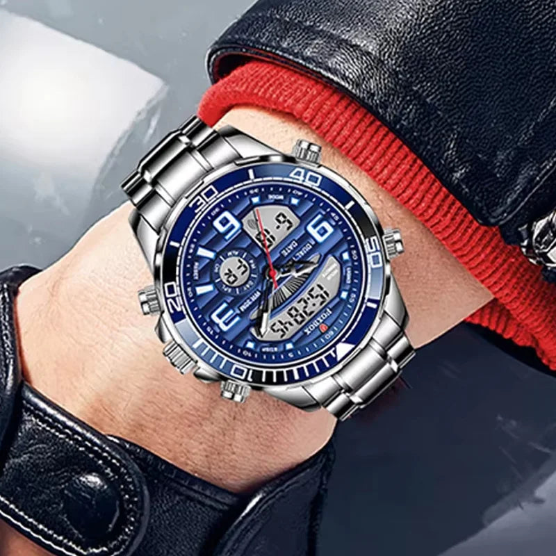 Luxury Man Watch LED Dual Display Luminous Calendar Week Mens Watch Waterproof Stainless Steel Chronograph Quartz Men Watches