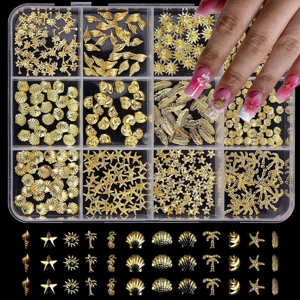 12 Shapes Mix Metal Nail Art Studs 3D Ocean Theme Design Gold Shell Seahorse Starfish Conch Alloy Nail Rivets Manicure Decor