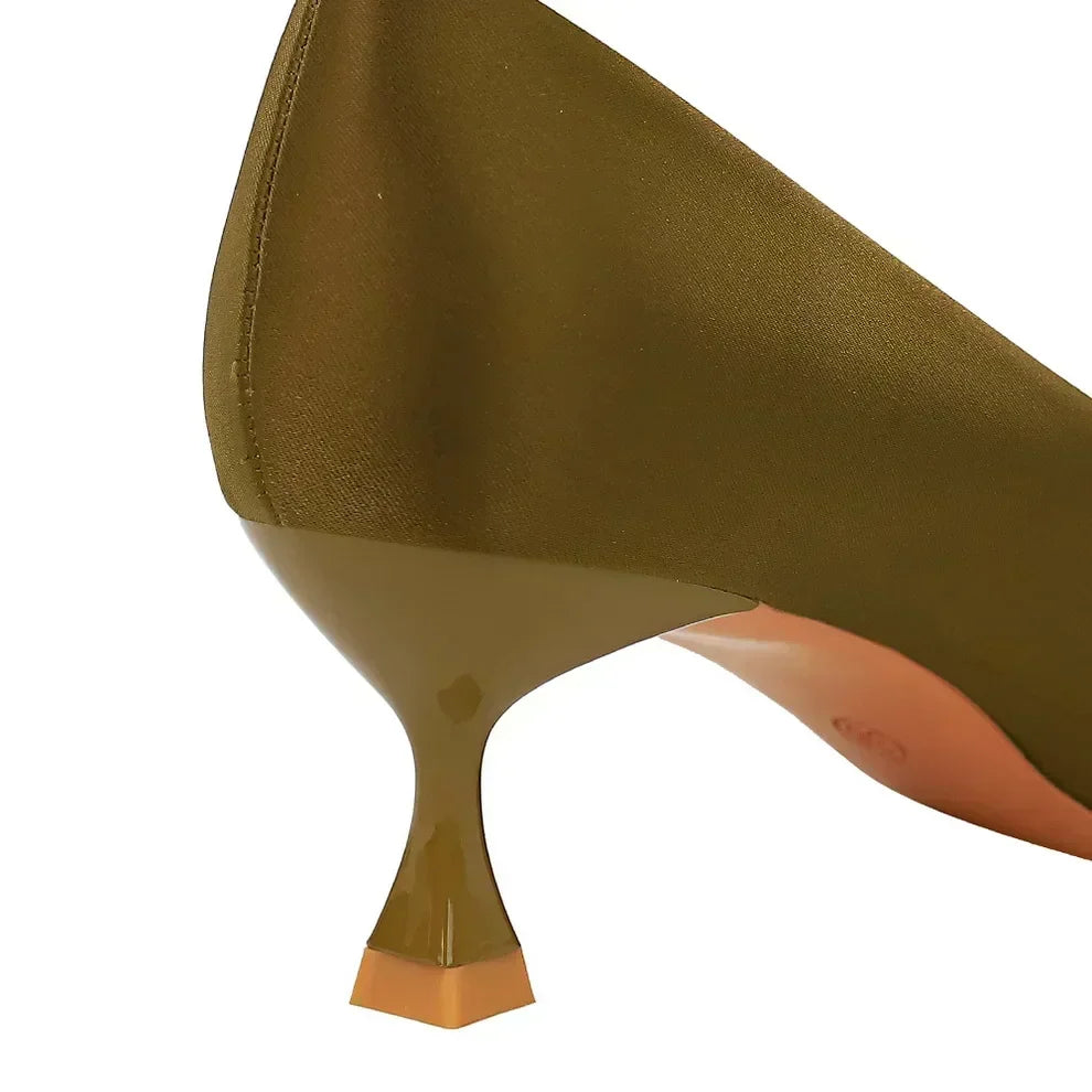 Big Size 34-43 Women Silk Versatile Middle Low Kitten Heels Shoes Lady 5.5cm High Heels Basic Office Work Satin Dark Green Pumps - Merit Sell
