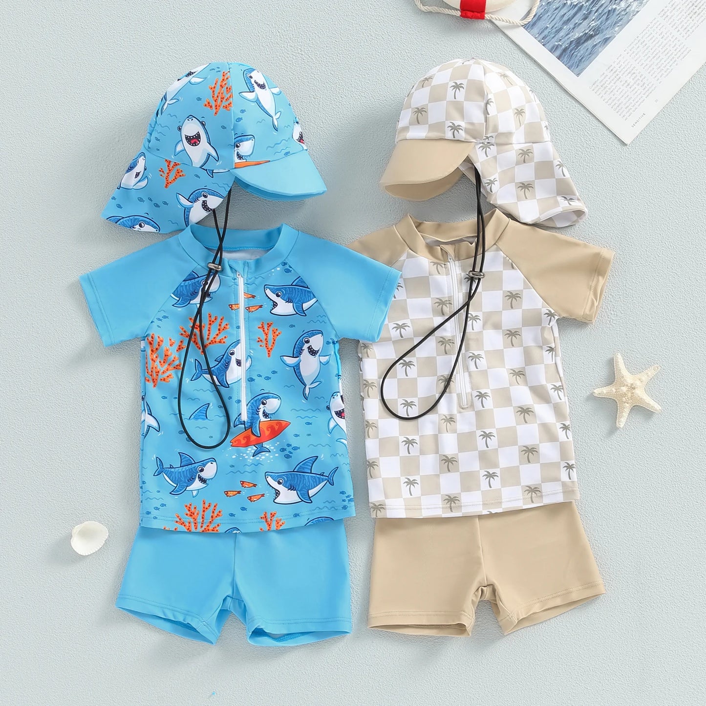 Toddler Baby Boys 3Pcs Swimsuits Rash Guard Beachwear Shark Print Long Sleeve Zip Up Tops+Swim Trunks with Cap Bathing Suit