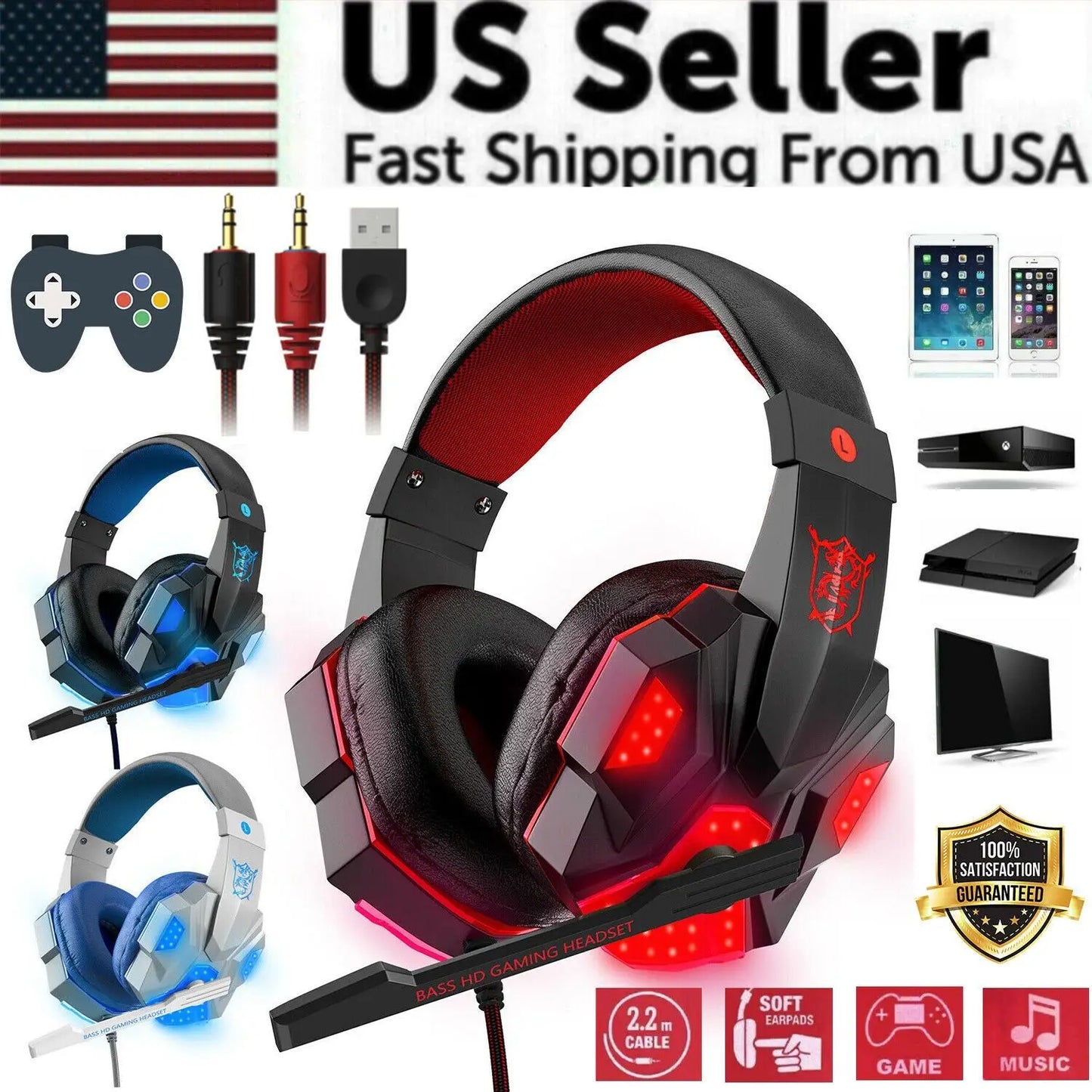 3.5mm LED Headphones with Stereo Bass Surround Sound Gaming Headset Mic for PC PS4 Xbox One