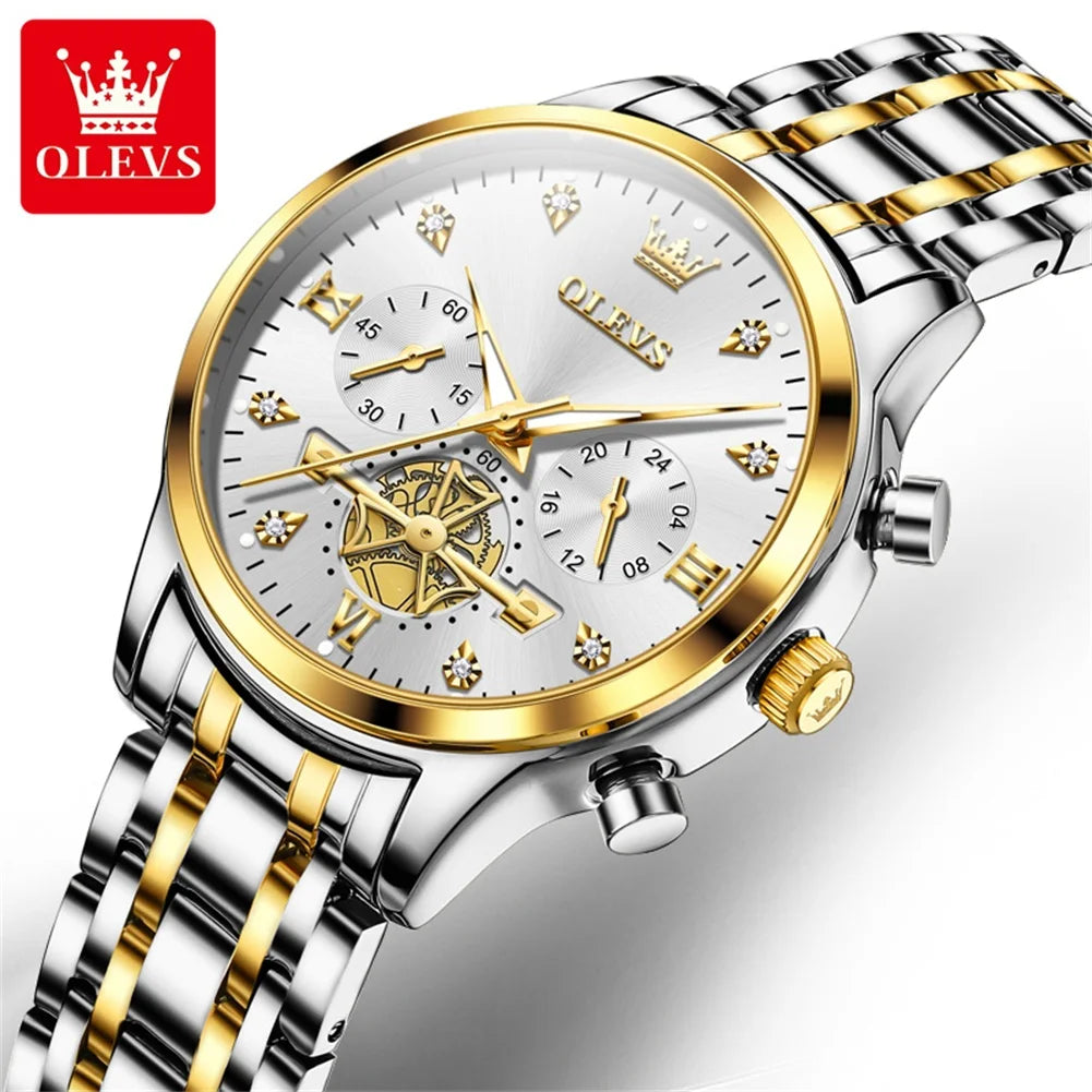 OLEVS Top Brand Couple Watches Stainless Steel Waterpoof Chronograph Moon Phase Flywheel Design Lover's Wristwatch for Men Women
