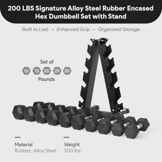 Rubber Coated Hex Dumbbell Set with A-Frame Rack Black Solid Cast Iron Home Gym Weights with Chrome Handles for Full-Body Stren