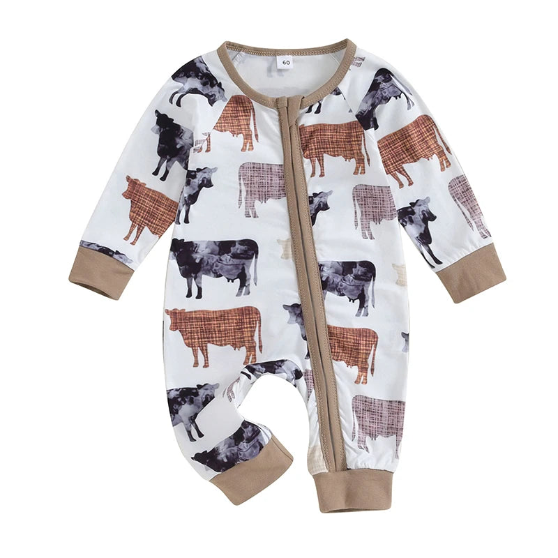 FOCUSNORM 0-12M Autumn Infant Baby Boys Girls Western Jumpsuits 3 Style Cow Head Floral Print Long Sleeve Zipper Romper