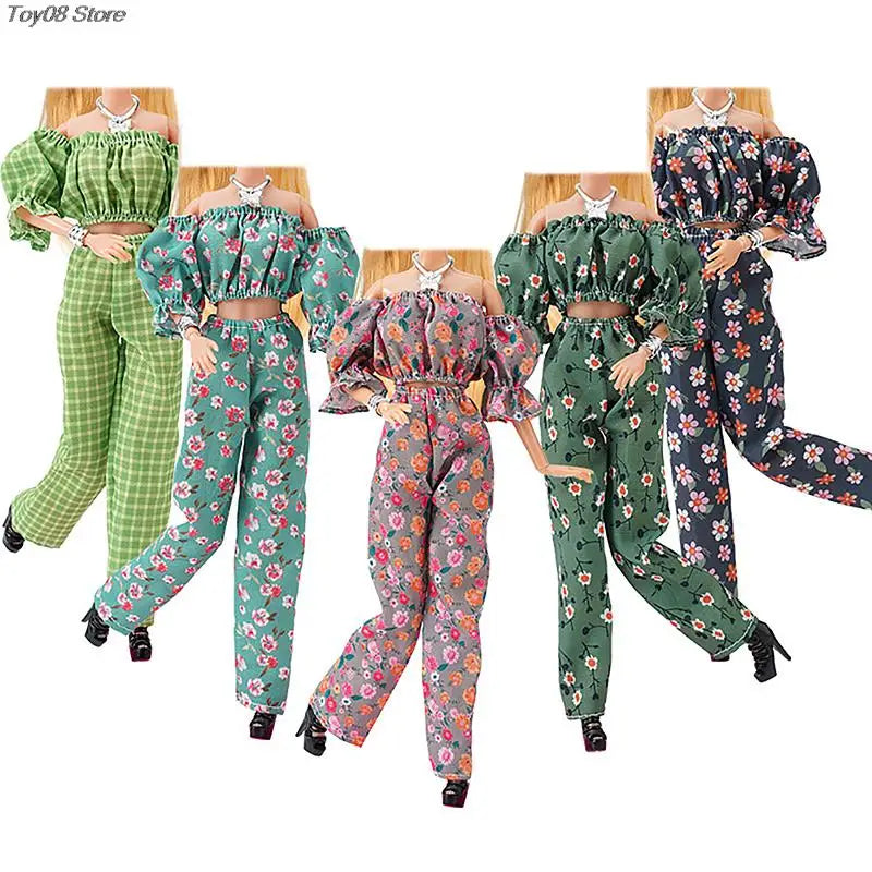 30cm Doll Clothes Floral Shirt Puff Sleeve Trousers Set Temperament Wear Matching Pieces Daily Doll Clothes Set For Girls Gift