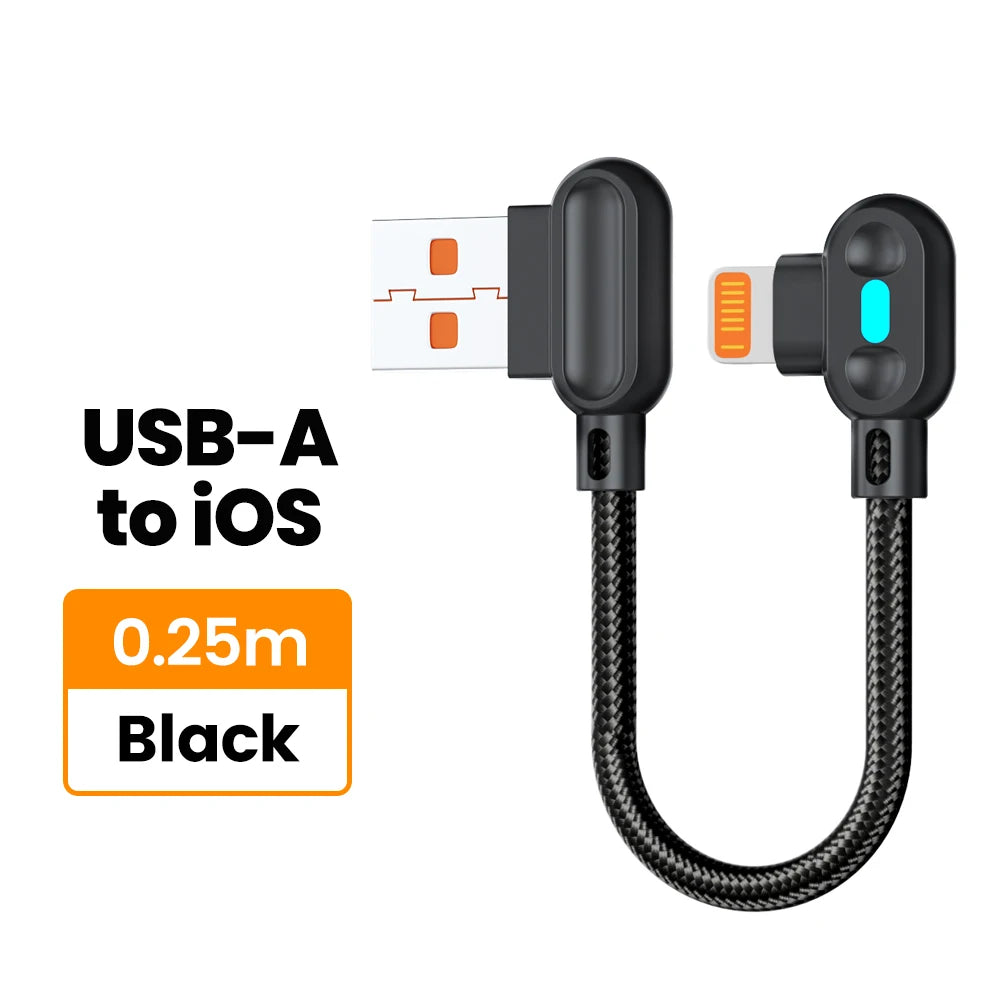 100W USB To Type C Fast Charging Cable 90° Double Elbow Bend Mobile Game Fast Charging Cable For Xiaomi Huawei With LED 0.25m/1m