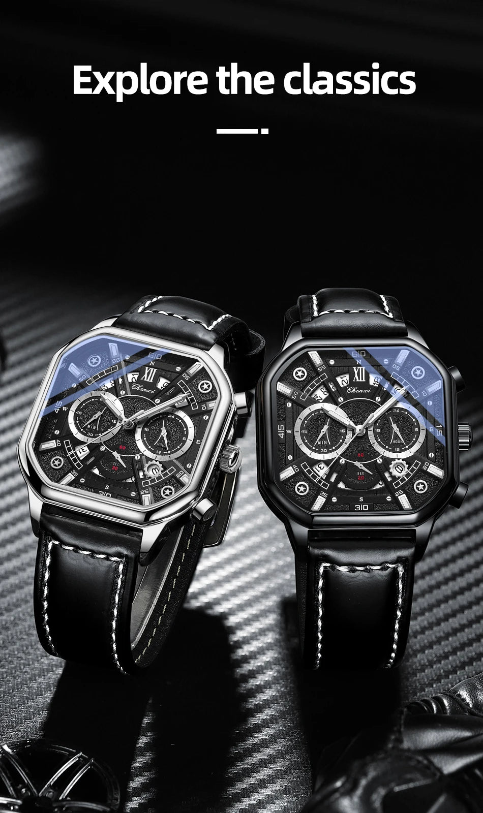 CHENXI High Quality Multifunctional Business Leisure Watches For Man Square Dial Leather Strap Quartz Wristwatches Clock Gifts