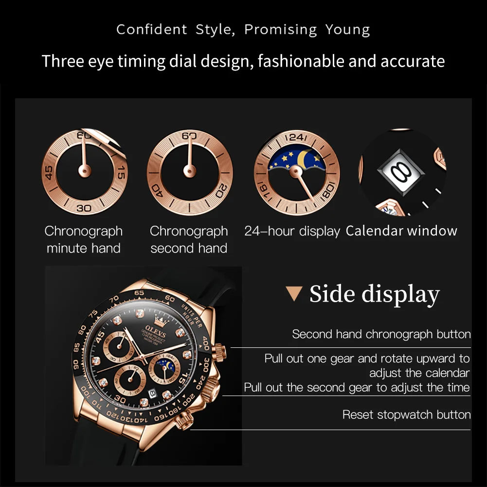 OLEVS Men's Watches Waterproof Luminous Moon Phase Date Chronograph Men's Wristwatch Luxury Original Quartz Wrist watch for Men