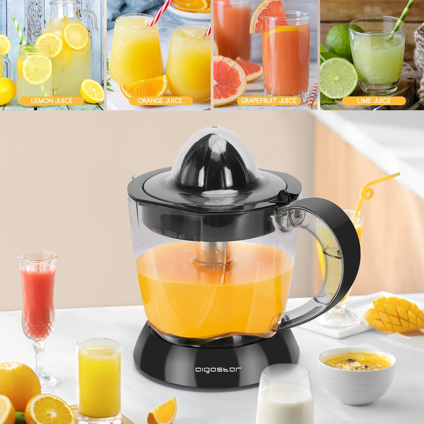 Electric Orange Juicer 40W 700 ml Drum Twist 2 Cones Dismontablesy Dust Cover Anti-Drip Nozzle Dishwasher Safe Black