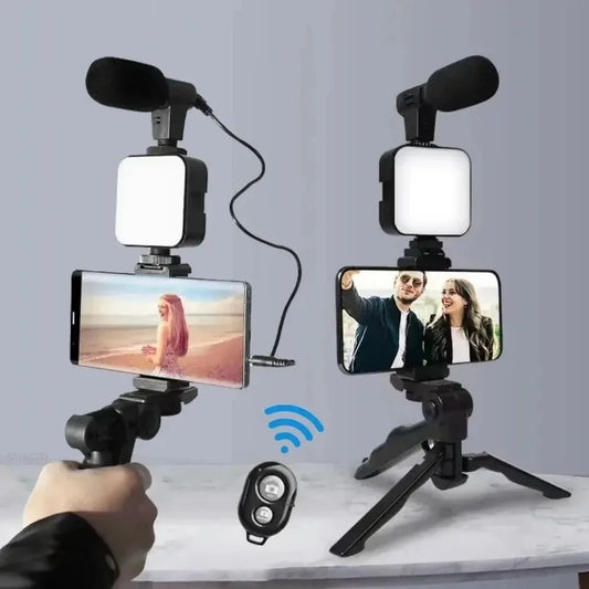 Smartphone Vlogging Kit With Tripod Phone Holder Mini Microphone LED Fill Light Starter For TikTok Live Stream Video YouTube - Merit Sell
