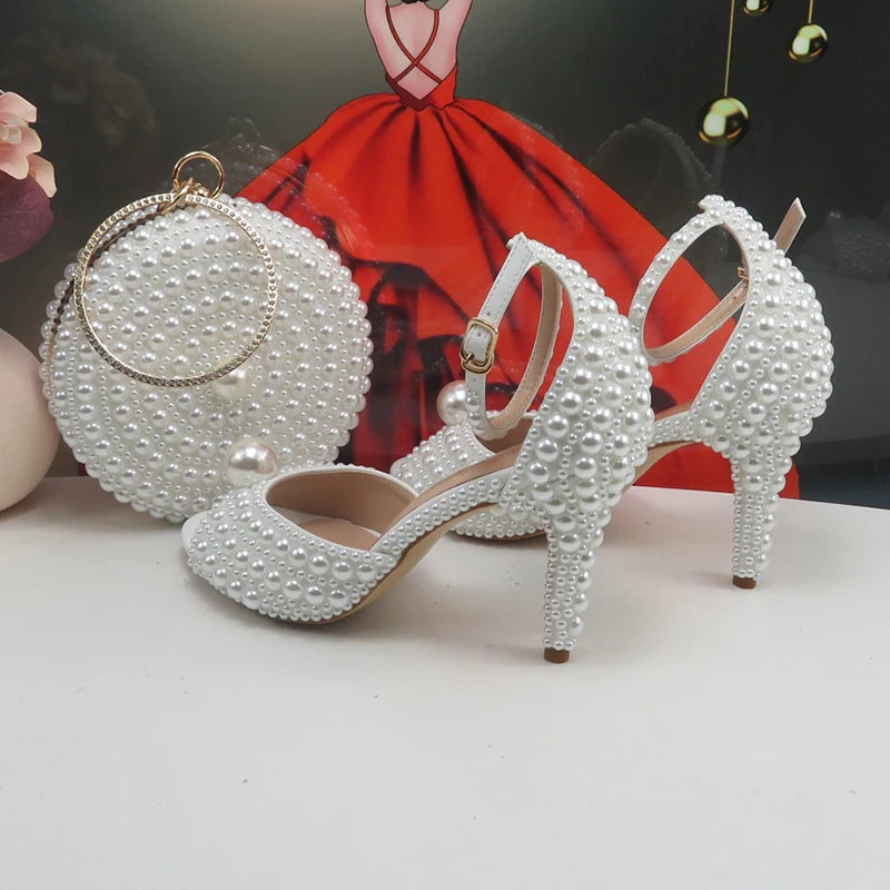 2024 New Arrival Customized White Female Sandals Bridal shoe bag set woman Thin Heel Big Pearl Girls fashion Sandals party Shoes