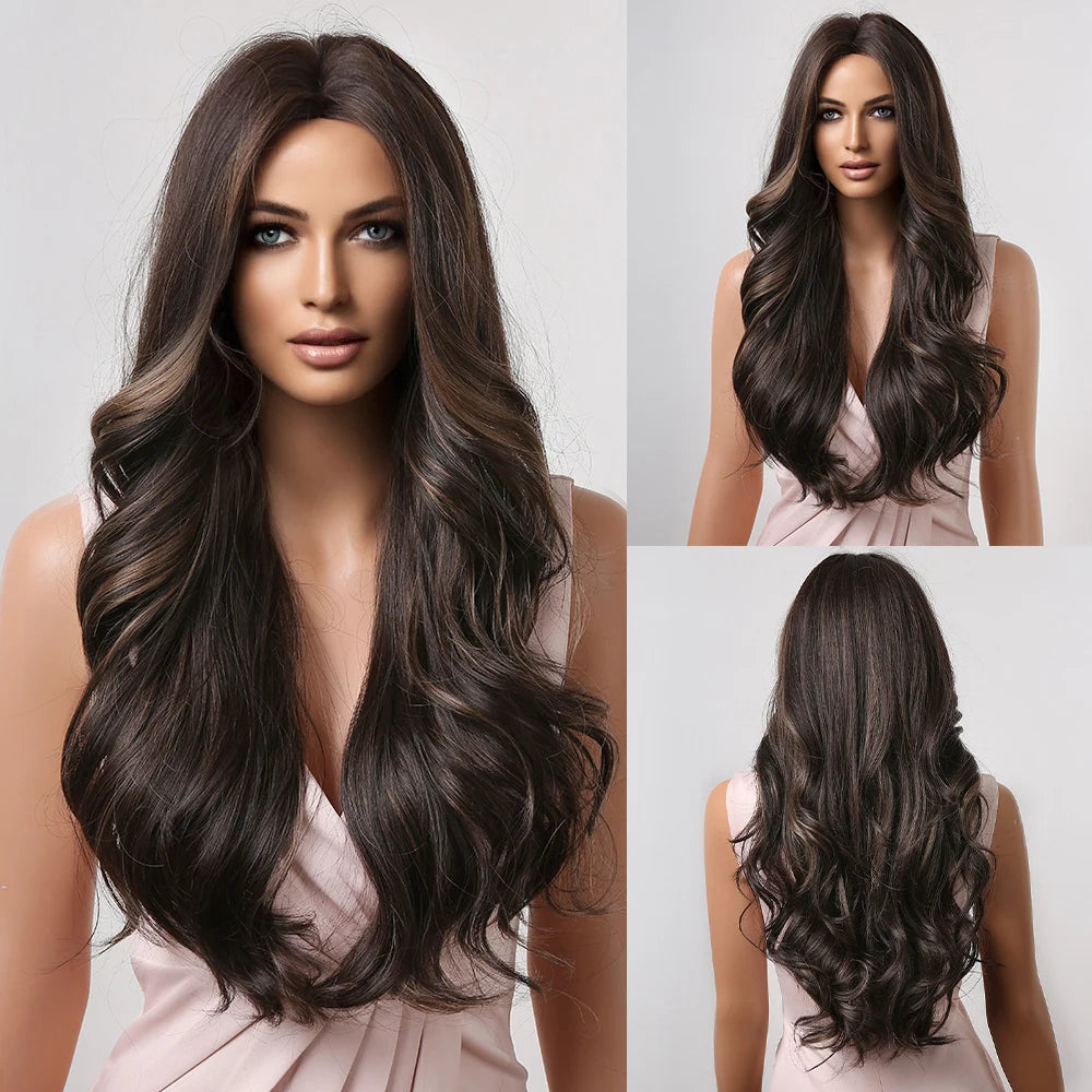ALAN EATON Long Curly Wavy Synthetic Wigs for Women Brown to Blonde Ombre Hair Wig Ntural Middle Parted Party Wig Heat Resistant