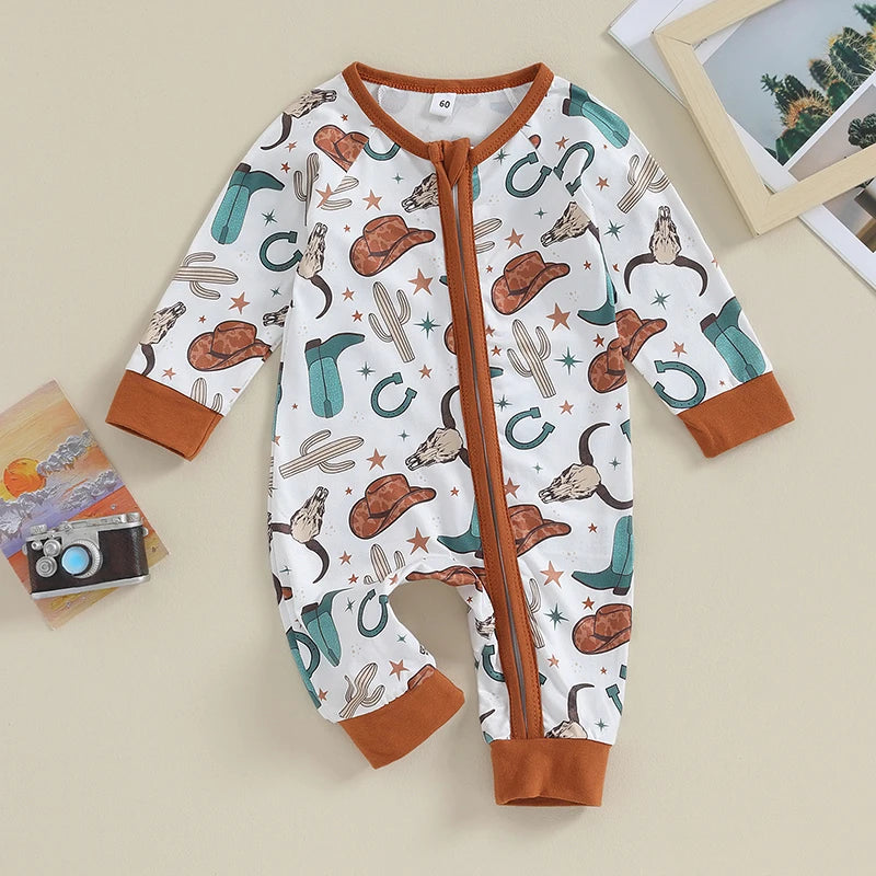 FOCUSNORM 0-12M Autumn Infant Baby Boys Girls Western Jumpsuits 3 Style Cow Head Floral Print Long Sleeve Zipper Romper