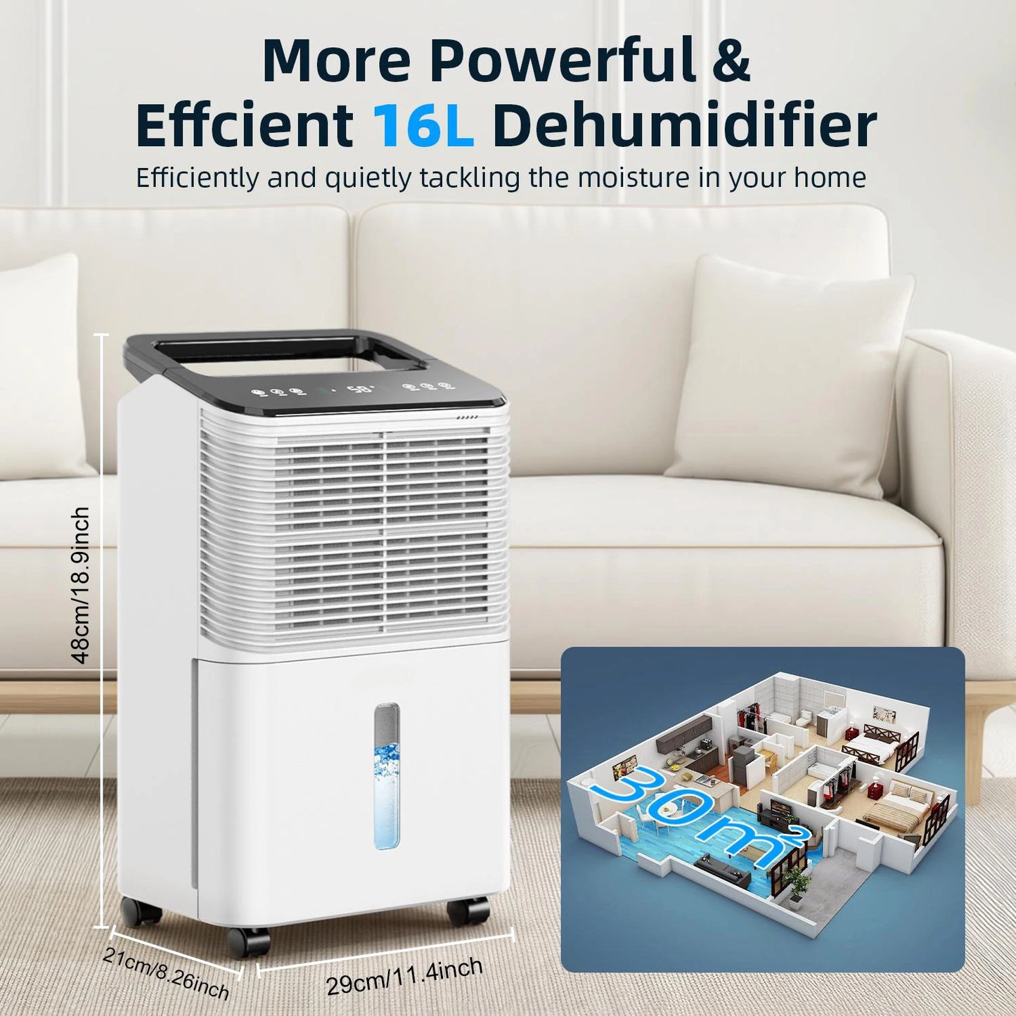 Dehumidifier 16 L/day, Ultra-quiet Electric Intelligent Central Control, Auto Mode, Moisture Display, 24h Timer Home Appliances