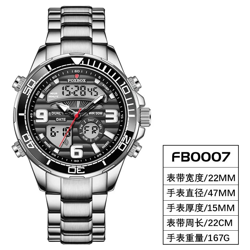 Luxury Man Watch LED Dual Display Luminous Calendar Week Mens Watch Waterproof Stainless Steel Chronograph Quartz Men Watches