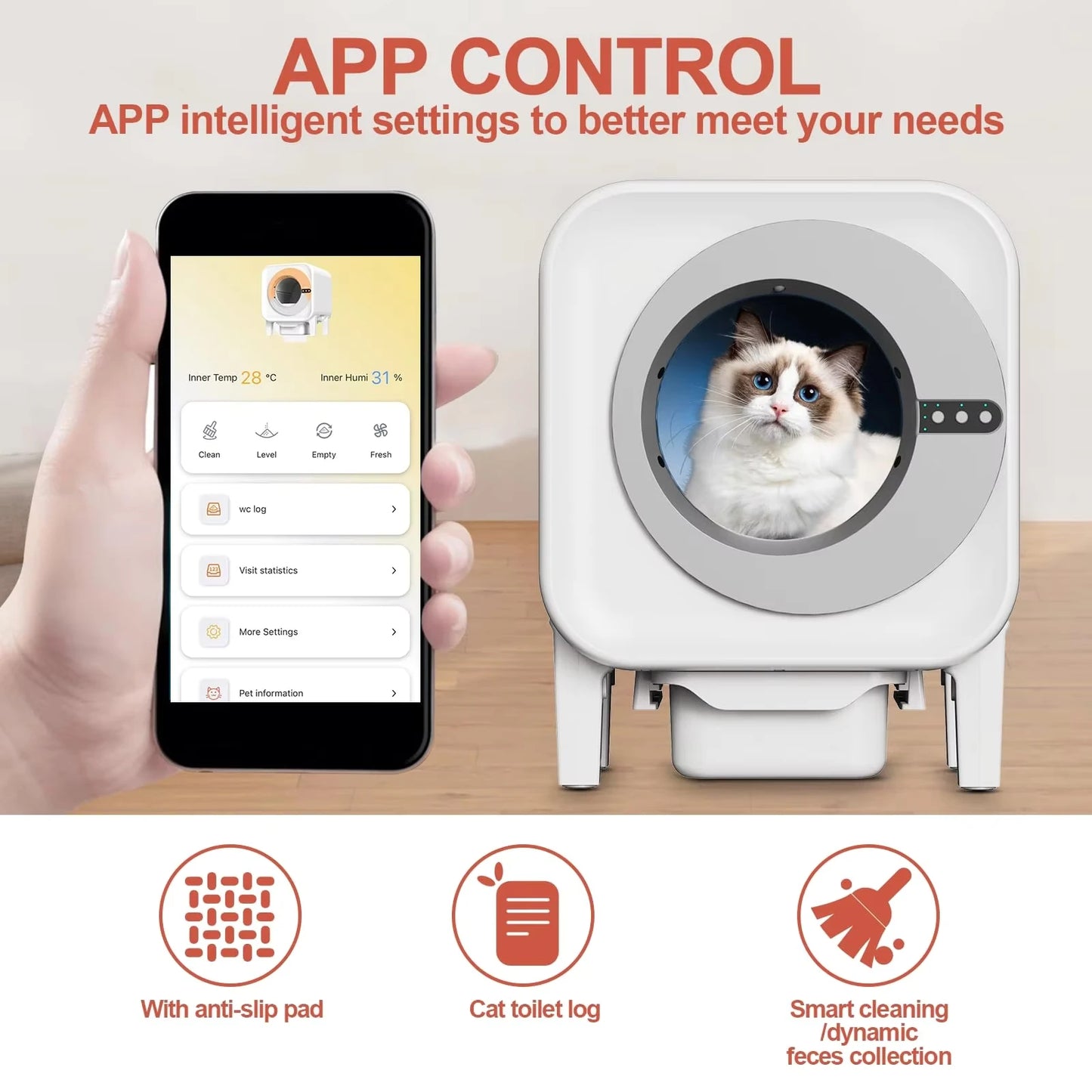 Smart Self-Cleaning Cat Litter Box Odor-Removal Design Hands-Free Cleanup Cat Toilet 75L Automatic WiFi APP Control
