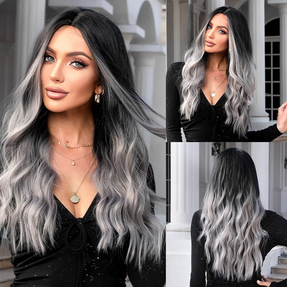 ALAN EATON Long Curly Wavy Synthetic Wigs for Women Brown to Blonde Ombre Hair Wig Ntural Middle Parted Party Wig Heat Resistant