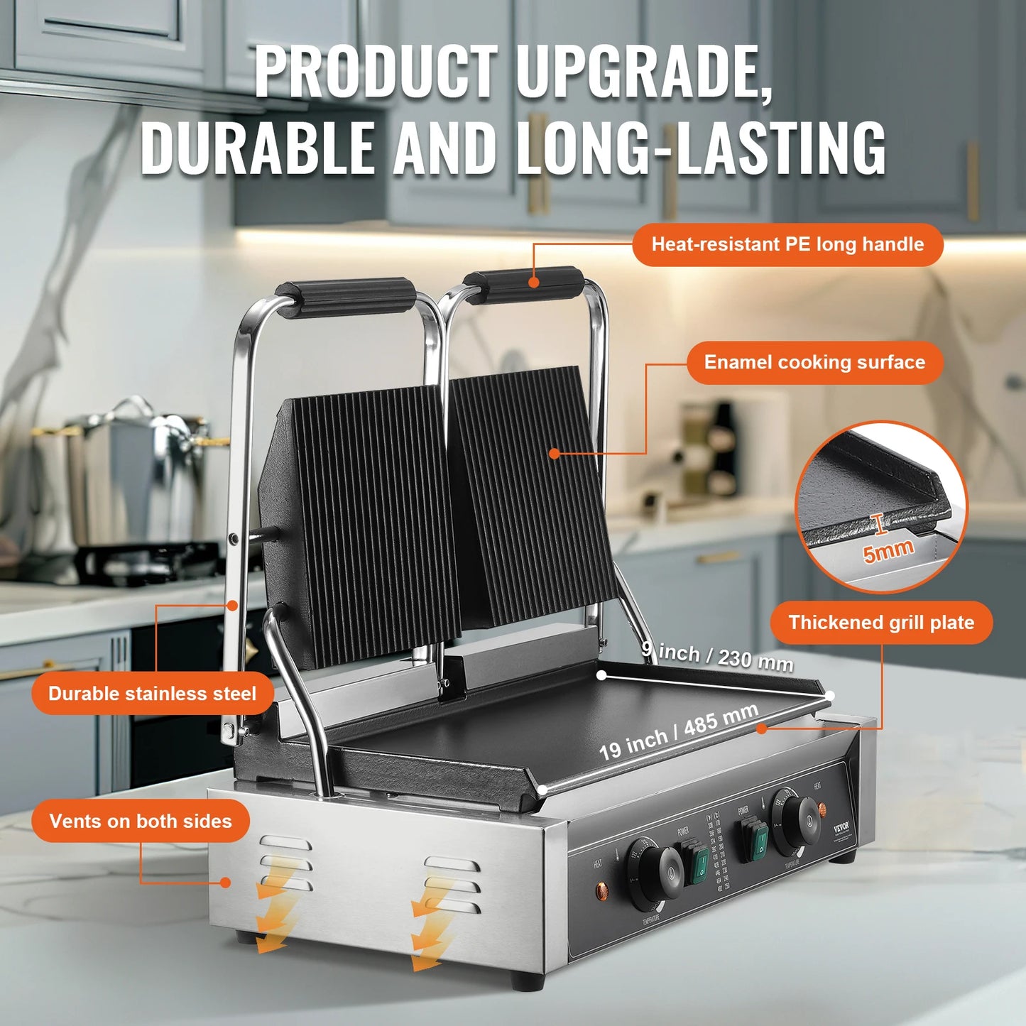 VEVOR Commercial Panini Grill 3600W Electric Sandwich Panini Maker with Temp Control And 19"x9" for Hamburger Steak Bacon 110V