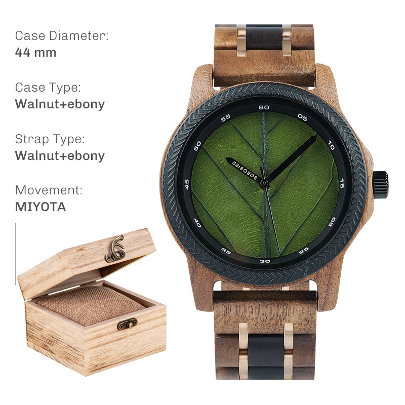 BOBO BIRD Men's Wood Watch with Genuine Leaf, Original Wooden Clock, Customized Watch, Handmade Watch, Anniversary Gift for Man