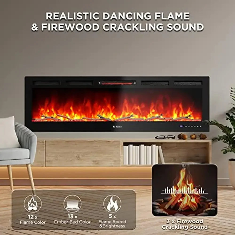 60" Smart WiFi Infrared Electric Fireplace with Realistic Flame & 1500W Quartz Heater Recessed or Wall Mounted Installation and
