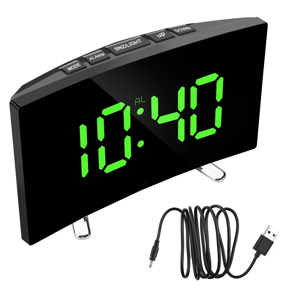 Curved Dimmable Mirror Clock Home Decors For Kids Bedroom 7 Inch Large Number Table Clock LED Screen Digital Alarm Clock