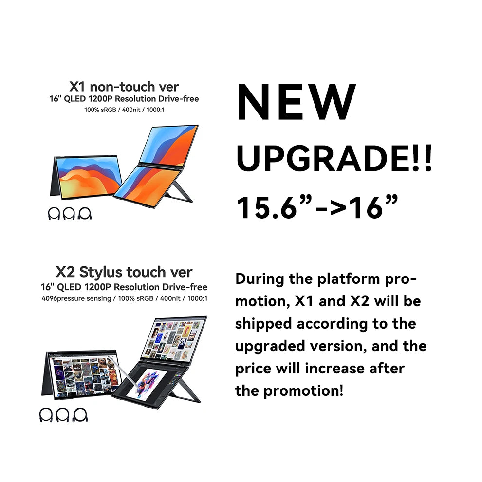 EHOMEWEI Dual Screen Portable Monitor X Series Drive-free Phone-touch FHD 2K 15.6“ 16“ For Laptop Windows Macbook