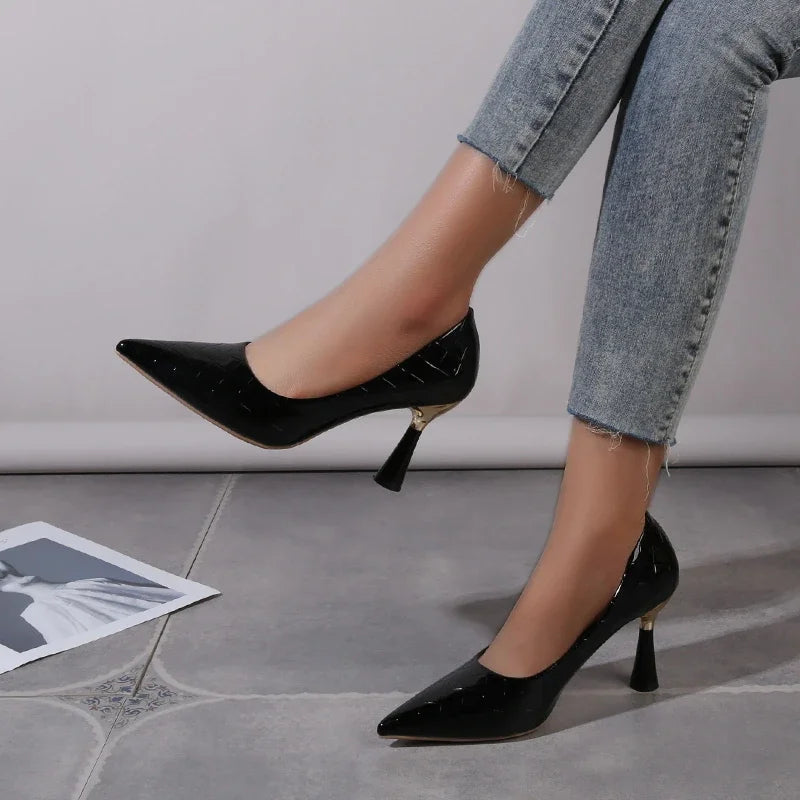 New Solid Color Pumps Women High Heels Women Fashion Patent Leather Sexy Pointed Toe Elegant Thin Heel Pumps Shoes for Women