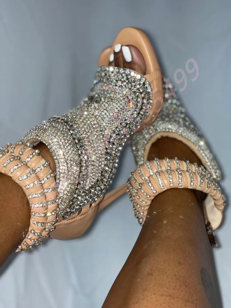 New Ladies Luxury Gem Crystal Bling Sandals Summer Sexy Open Toe Fashion Rhinestone Sandals Party Dress Catwalk Thin High Heels