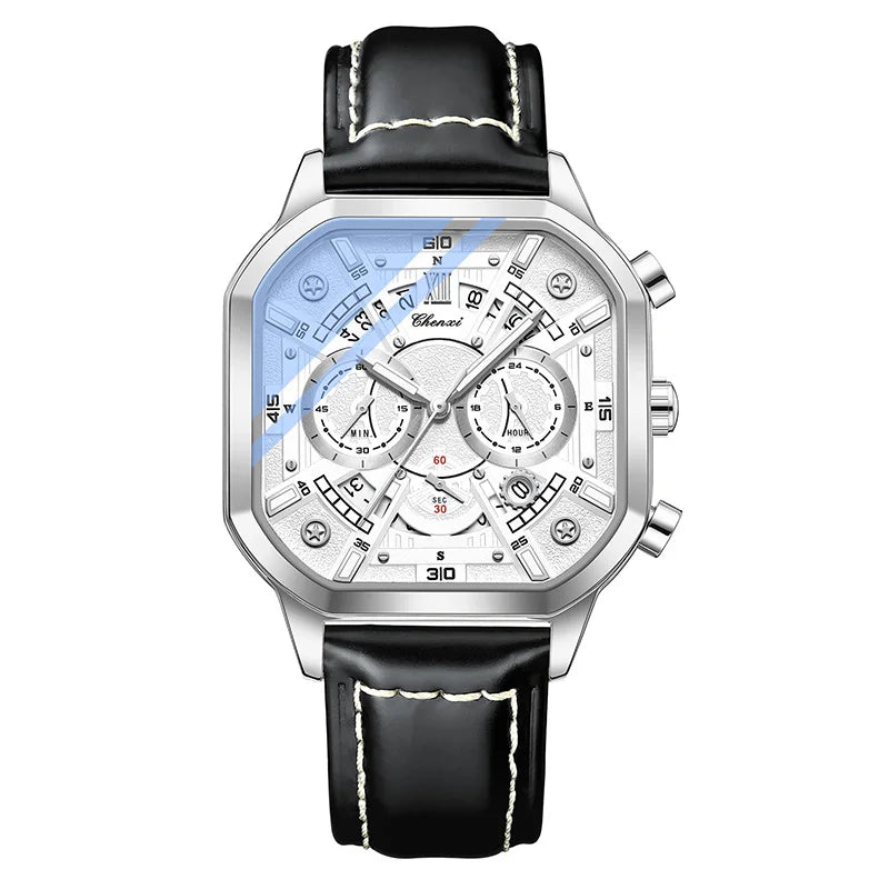 CHENXI High Quality Multifunctional Business Leisure Watches For Man Square Dial Leather Strap Quartz Wristwatches Clock Gifts