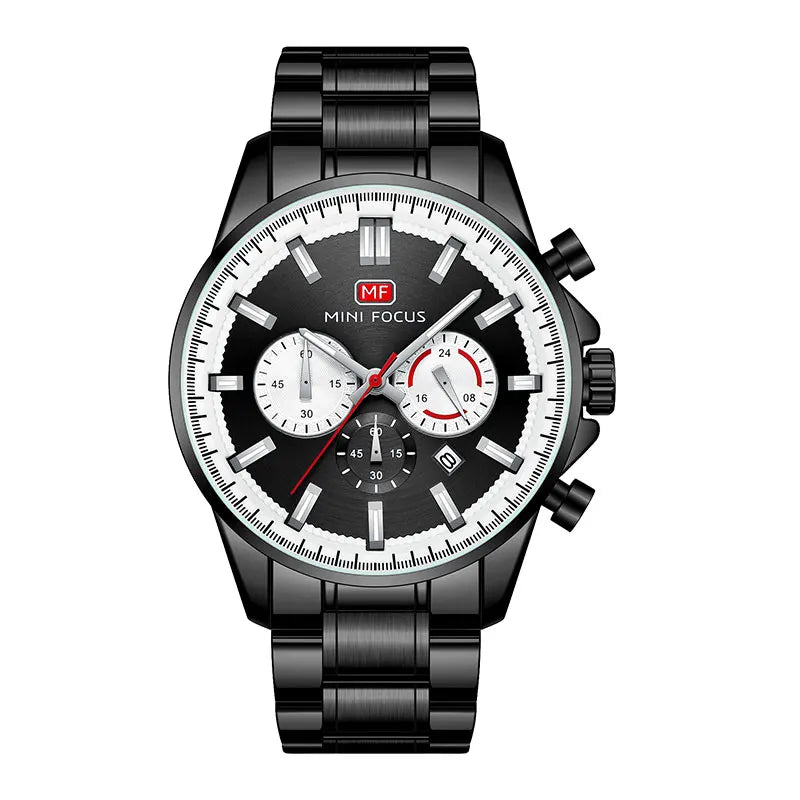 MINI FOCUS Chronograph Quartz Watch Men Silver Blue Waterproof Luminous Dress Wristwatch with Date Stainless Steel Strap 0469