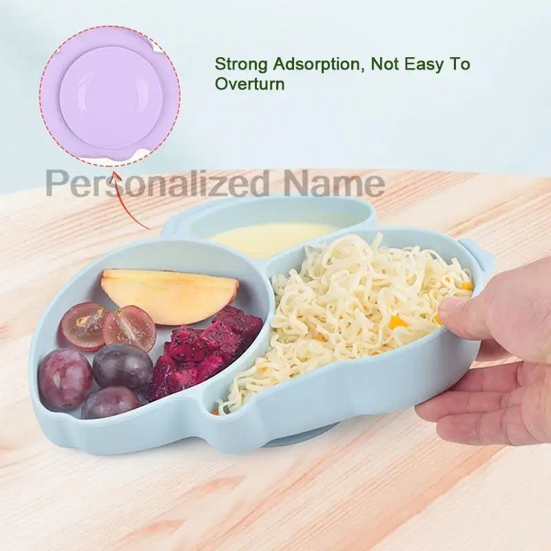 Free Personalized Name Baby Silicone Rabbit Divided Plate Set Baby Feeding Dishes BPA Free Bowl Plate Bibs Spoon Fork Sippy Cup