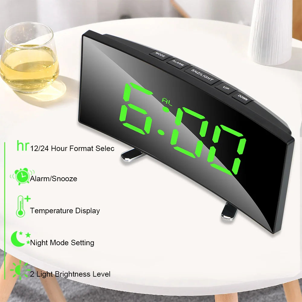 Curved Dimmable Mirror Clock Home Decors For Kids Bedroom 7 Inch Large Number Table Clock LED Screen Digital Alarm Clock