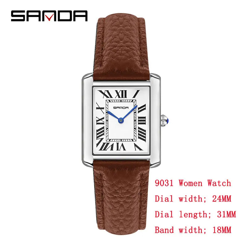 SANDA Men Women Rectangular Quartz Wrist Watches for Casual Ladies Stainless Watches Luxury Leather Lovers Gift Box Clock