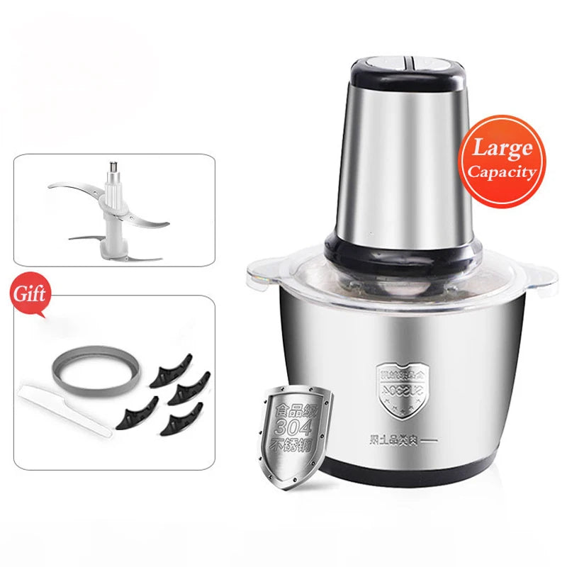 Electric Meat Mincer Grinder Stainless Steel Chopper 2L Food Processor Garlic Mud Maker Blender Large Capacity Kitchen Utensils