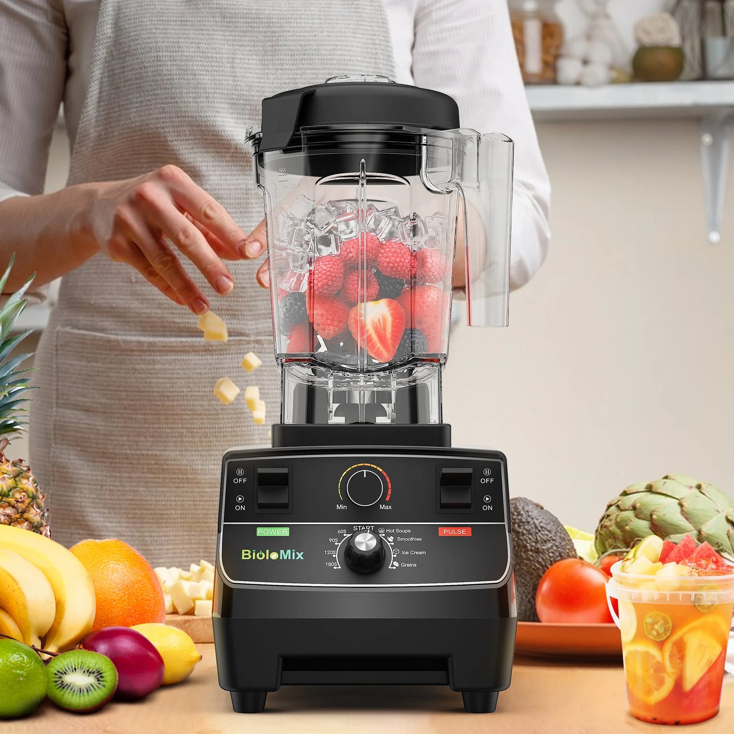 BioloMix 2200W Professional Smart Timer Pre-programed Blender, 2L round jar, Mixer Juicer Food Processor Ice Smoothies Crusher