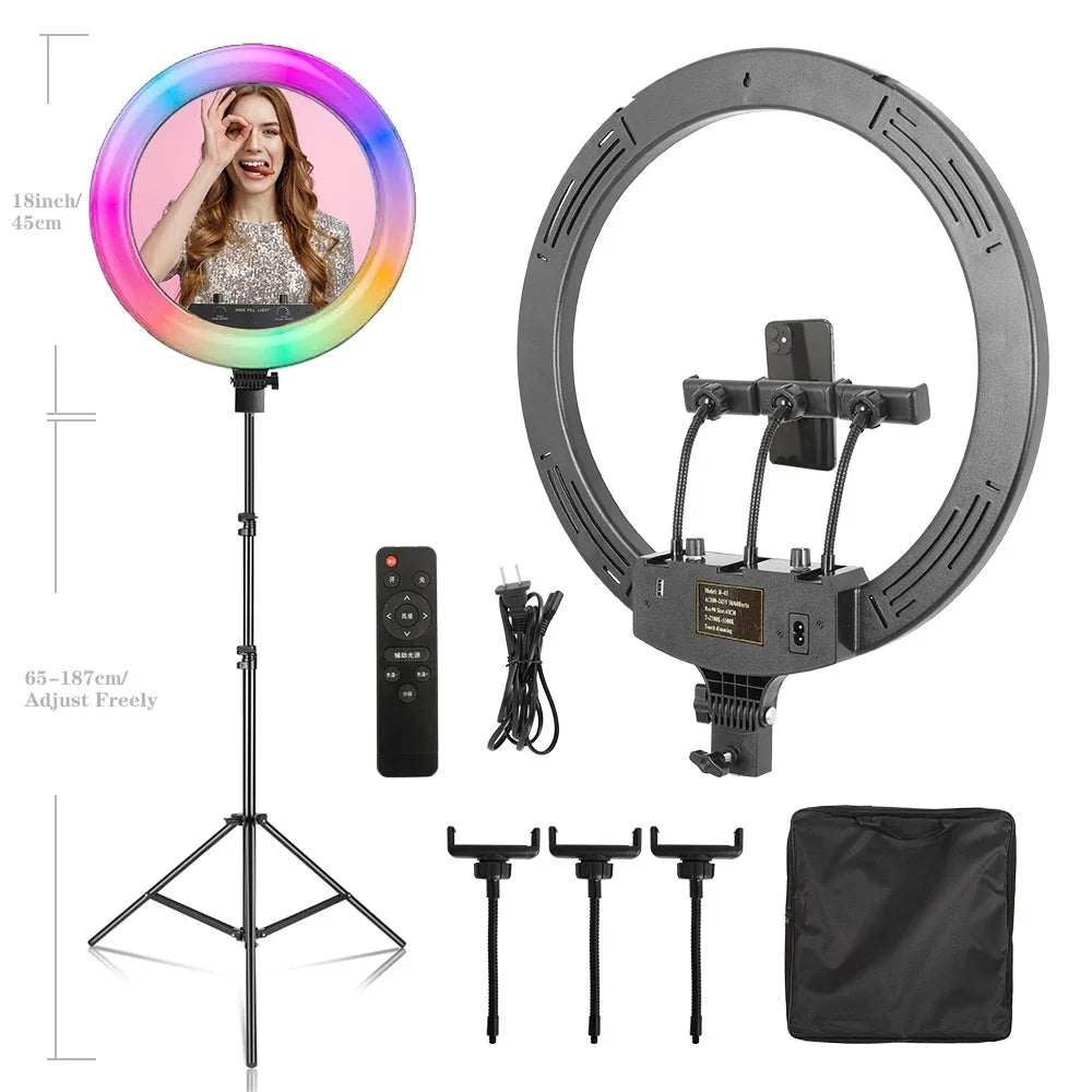 18 Inch 45cm Selfie RGB Ring Light with Tripod Usb Rechargeable LED Light, Dimmable, for Photo Studio