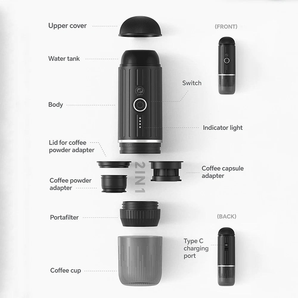 Wireless Portable Espresso Coffee Machine 19 Bar Automatic Heating fit Capsule & Ground Travel Coffee Maker for Camping Office