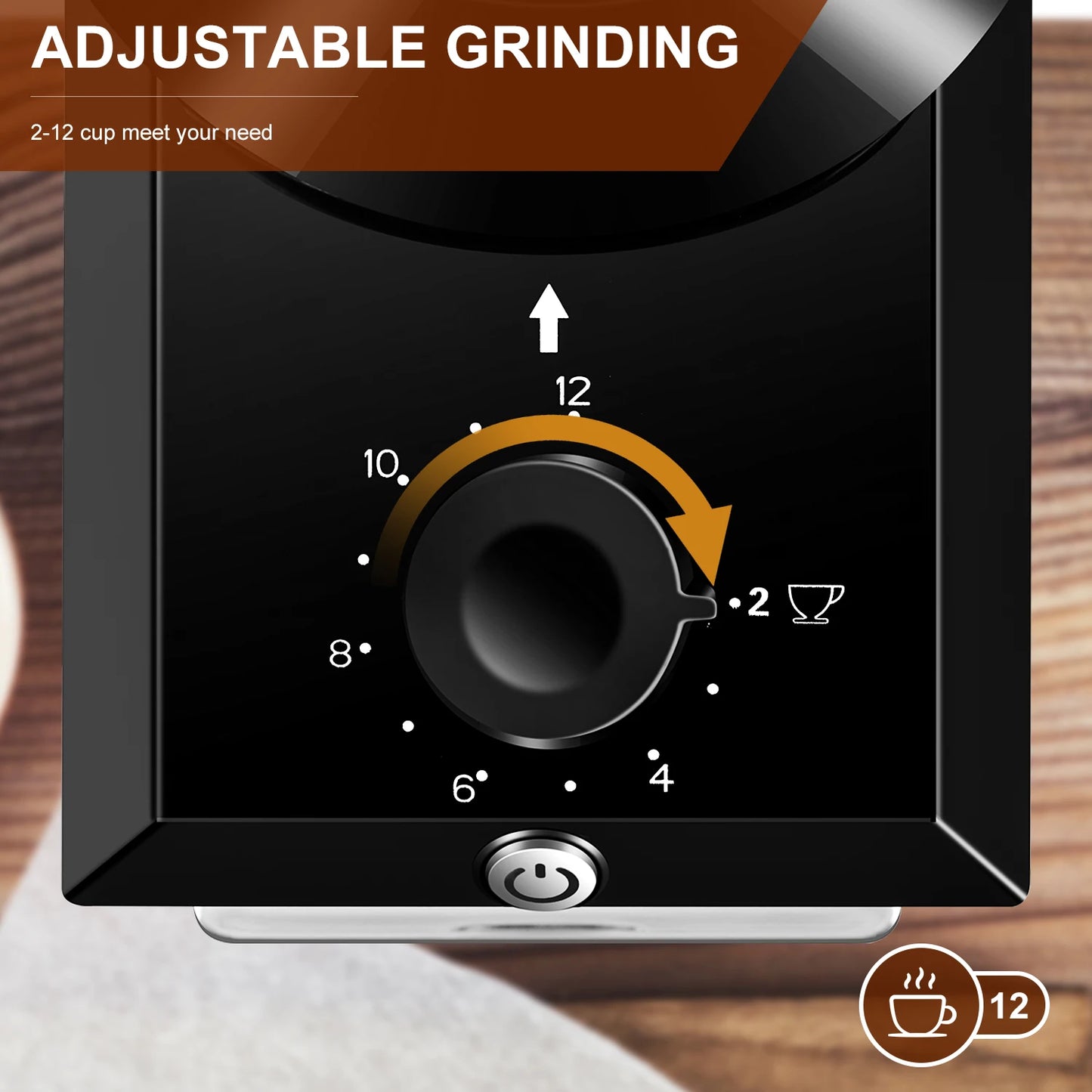 Electric burr coffee grinder with adjustable grinding dial for 2 to 12 cups setting