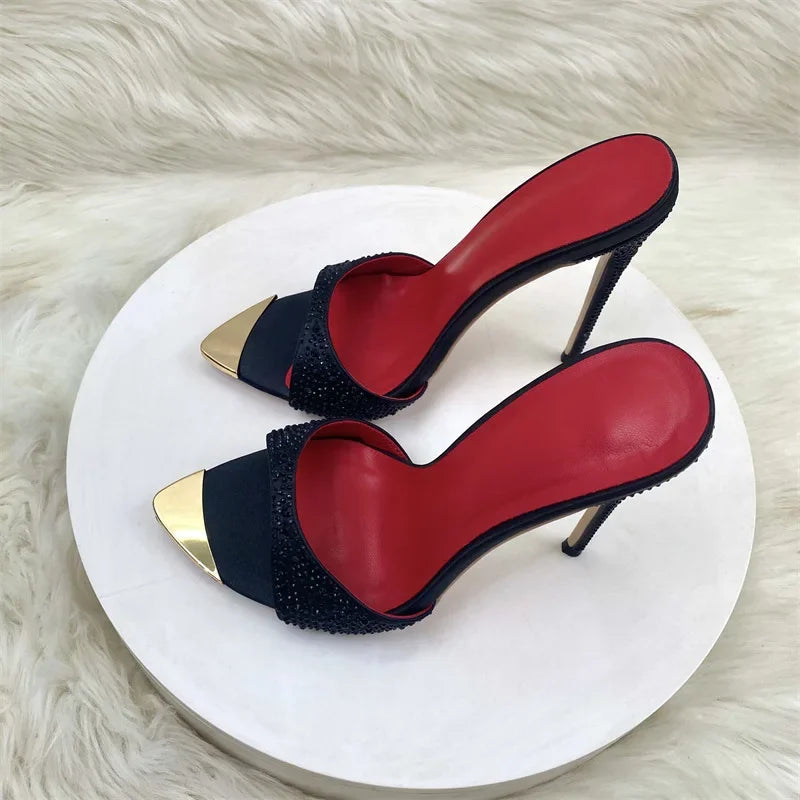 Crystal Black Shiny Fashion Women Sandals Slip on 12cm High Heels Slides Wedding Sexy Shoes Woman Slippers Plus Size 33-45