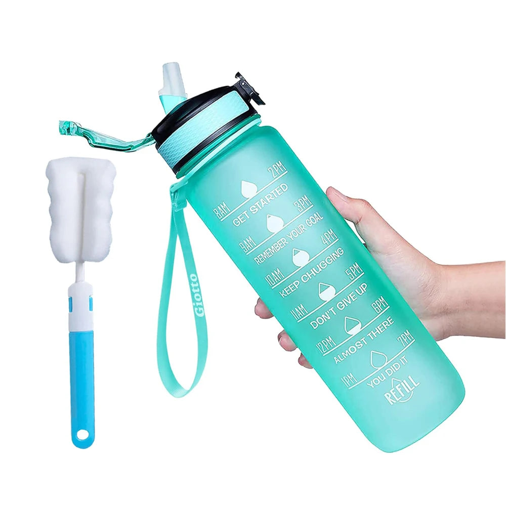 32 oz Drinking Water Bottle with Times to Drink and Straw, Motivational with Carrying Strap, Leakproof BPA & Toxic Free