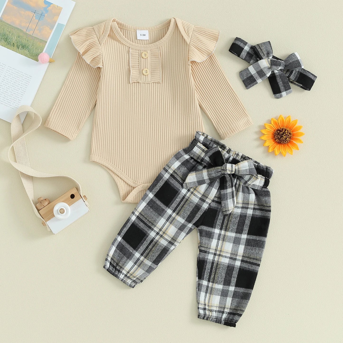 FOCUSNORM 3pcs Infant Baby Girls Fall Clothes Sets 0-18M Solid Color Buttons Long Sleeve Rompers Plaid Print Pants Headband