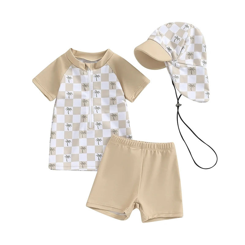 Toddler Baby Boys 3Pcs Swimsuits Rash Guard Beachwear Shark Print Long Sleeve Zip Up Tops+Swim Trunks with Cap Bathing Suit