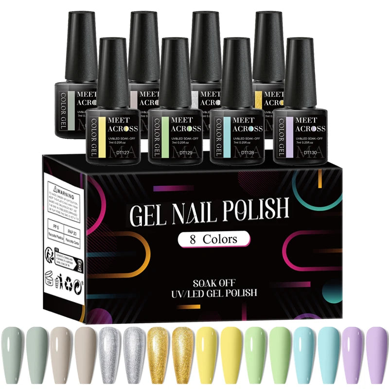 MEET ACROSS 8Pcs/Set Red Pink Gel Nail Polish Spring Colorful Laser Nail Art Gel Varnish Nail Supplies Manicure For Nails