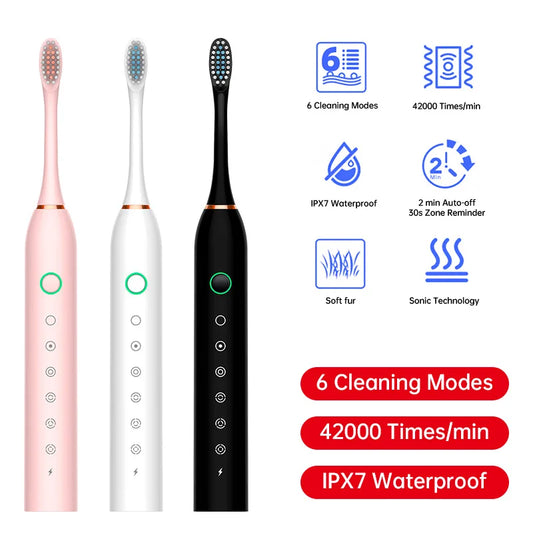 Electric Ultrasonic Toothbrush Six Speed Mode Home Soft Hair USB Charging Waterproof Adult Tooth Cleaner Automatic Couple Set - Merit Sell