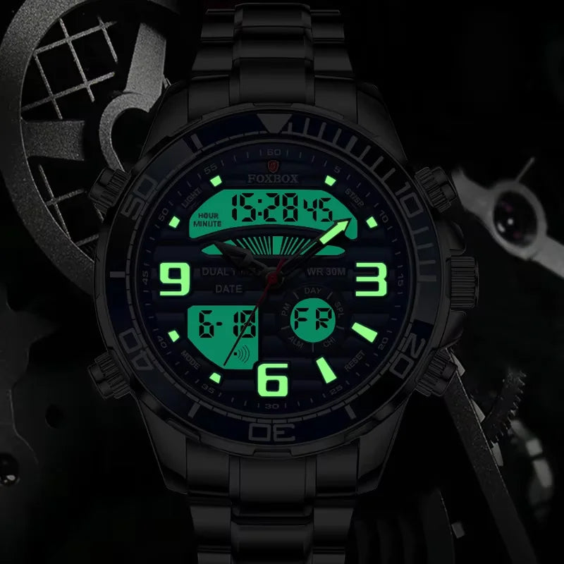 Luxury Man Watch LED Dual Display Luminous Calendar Week Mens Watch Waterproof Stainless Steel Chronograph Quartz Men Watches
