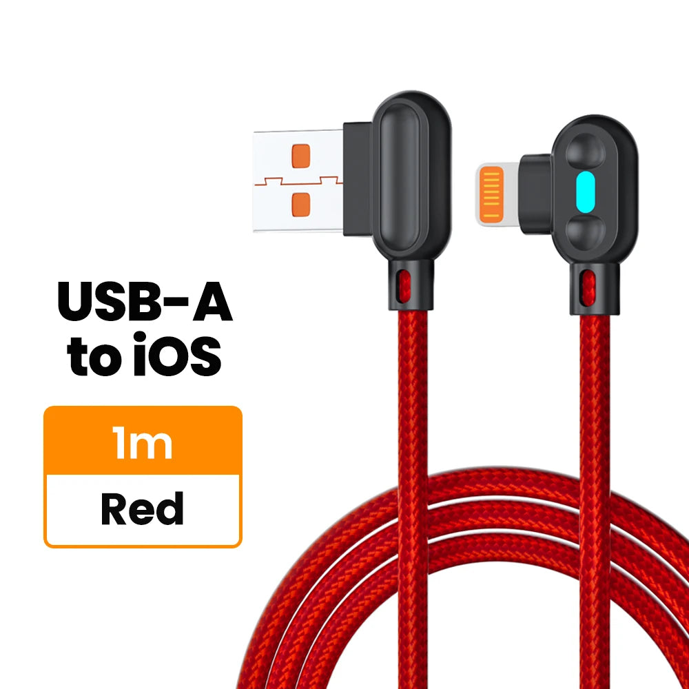 100W USB To Type C Fast Charging Cable 90° Double Elbow Bend Mobile Game Fast Charging Cable For Xiaomi Huawei With LED 0.25m/1m