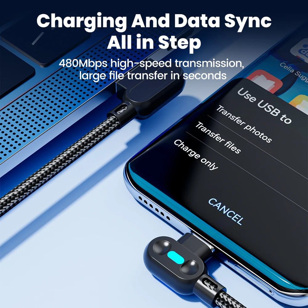 100W USB To Type C Fast Charging Cable 90° Double Elbow Bend Mobile Game Fast Charging Cable For Xiaomi Huawei With LED 0.25m/1m