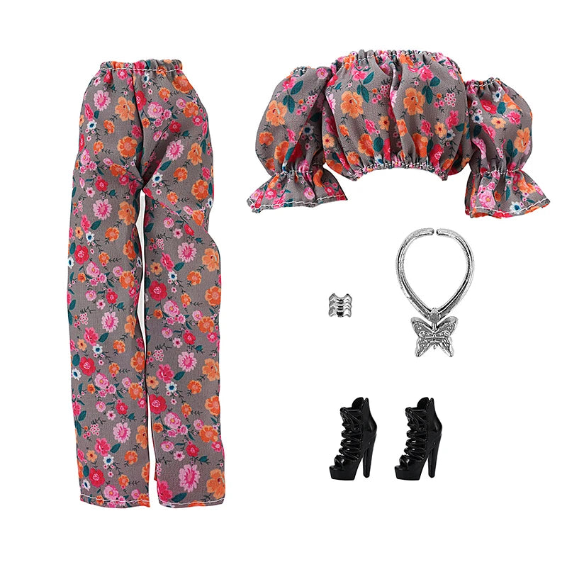 30cm Doll Clothes Floral Shirt Puff Sleeve Trousers Set Temperament Wear Matching Pieces Daily Doll Clothes Set For Girls Gift