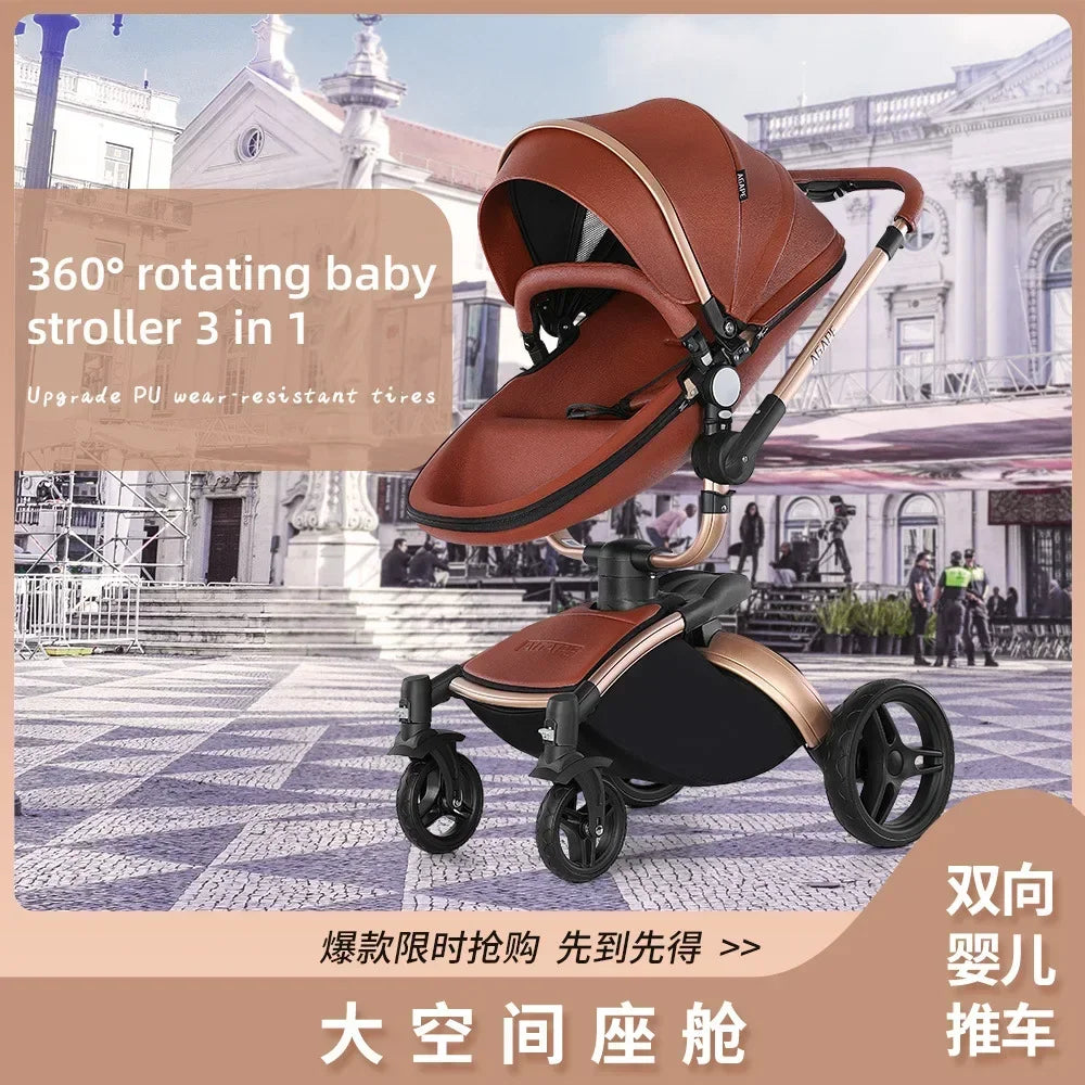 Landscape baby carriage PU leathe Baby stroller 3in1 Two-way High r Foldable shock-absorbing eggshell stroller 2in1